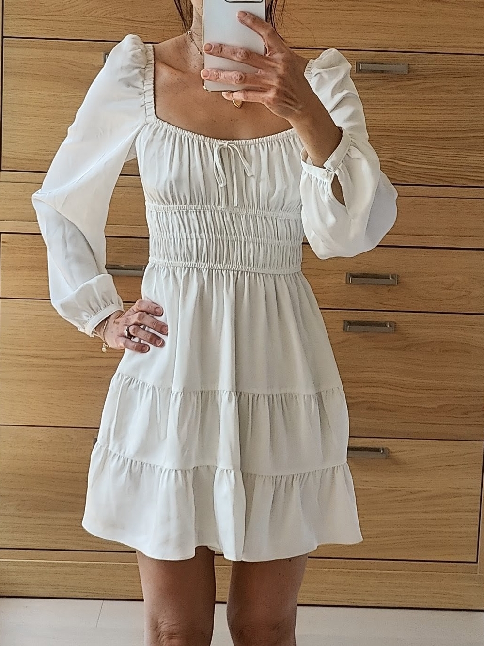 Aritzia White Cream Satin Smocked Tiered Mini Dress